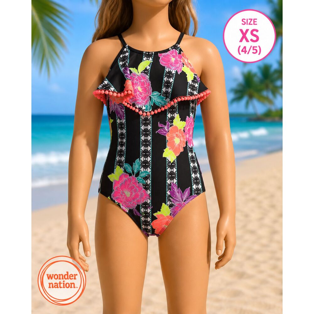 Wonder Nation Girls XS 4/5 Tropical Floral One Piece Swimsuit Lace Trim #V